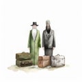 Watercolorist Style Editorial Illustration Of Two Jews With Suitcases