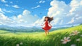 Charming Anime Girl Running In Vibrant Field - Digital Painting