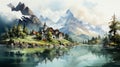 Alpine Village: A Digital Painting Of Austria\'s Islet In Watercolor Style