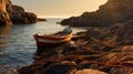 Charming Boat Docked On Rocks: Idyllic Rural Scenes In Dynamic Colors