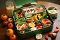 A photo featuring a green lunch box overflowing with a diverse assortment of delectable food, A lunchbox filled with organic food