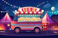 A photo featuring a popcorn truck parked in front of a colorful carnival tent, Cartoon-style food truck serving popcorn at a Royalty Free Stock Photo
