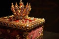 A photo featuring a red box, topped with a majestic gold crown, representing regality and sophistication, A gift box masquerading