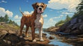 Cartoonish Realism: Boxer Puppy On A Rock By The River