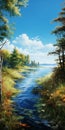 Serene Waterway: A Photorealistic Depiction Of An Autumn Inlet