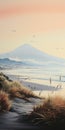 Acrylic Painting Of Beach With Dune Grass And Volcano