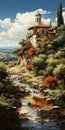 River Painting Of Villa Antinori In The Style Of Dalhart Windberg