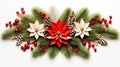 Photo of a festive Christmas arrangement with poinsettias and pine cones