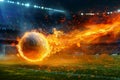 Photo Fiery soccer ball hurtles toward stadium field in exhilarating motion Royalty Free Stock Photo