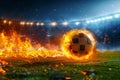 Photo Fiery soccer ball hurtles toward stadium field in exhilarating motion Royalty Free Stock Photo