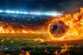 Photo Fiery soccer ball hurtles toward stadium field in exhilarating motion Royalty Free Stock Photo