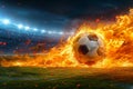 Photo Fiery soccer ball hurtles toward stadium field in exhilarating motion Royalty Free Stock Photo