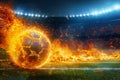 Photo Fiery soccer ball hurtles toward stadium field in exhilarating motion Royalty Free Stock Photo