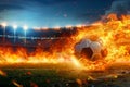 Photo Fiery soccer ball hurtles toward stadium field in exhilarating motion Royalty Free Stock Photo