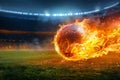 Photo Fiery soccer ball hurtles toward stadium field in exhilarating motion Royalty Free Stock Photo