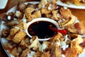 Filipino dish called Tokwa`t Baboy or chopped fried Tofu and crispy pork belly