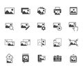 Photo flat icon set. Image gallery, picture frame, printer, file resize, camera black minimal silhouette vector Royalty Free Stock Photo