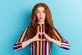 Photo of flirty orange hairdo millennial lady show heart blow kiss wear colorful shirt on blue color background