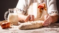 Photo of flour and women hands with flour. Cooking bread. Kneading the Dough. the concept of nature food, diet and bio Royalty Free Stock Photo