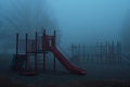 In this photo, a foggy playground featuring a red slide is captured, creating a mysterious and atmospheric scene, A playground