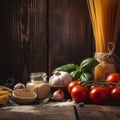 Photo of food ingredients for italian pasta, tomato, basil, garlic, onion, oil, salt, pepper, spaghetti pasta . Wooden rustic