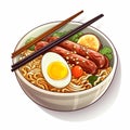 Delicious Noodles And Sausages Plate With Chopsticks Vector Illustration