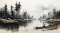 Black And White Landscape Illustration: Pine Trees Along Water