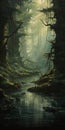 Enchanting Dark Forest Painting With Ponds And Bridges Royalty Free Stock Photo