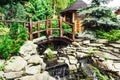 Photo of forest river bridge with garden pavilion