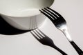 Photo of a fork and an empty white bowl showing high contrast Royalty Free Stock Photo