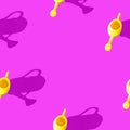 Photo in the form of a seamless pattern. Yellow watering can for watering flowers with shadows on a colored pink Royalty Free Stock Photo