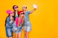 Photo of four beautiful people person teens millennials youngsters having fun party summer camp taking selfie on white