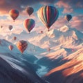 A photo of four colorful air balloons flying over icy rock hills