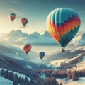 A photo of four colorful air balloons flying over icy rock hills