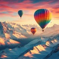 A photo of four colorful air balloons flying over icy rock hills