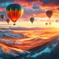 A photo of four colorful air balloons flying over icy rock hills