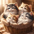 A photo of four cute cats sitting together in a basket by generative AI Royalty Free Stock Photo