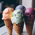 A photo of four ice cream cones with different flavours in each one.