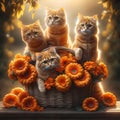 A photo of four orange cats on a basket with orange flowers by generative AI