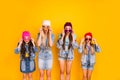 Photo of four stunned having stupor people mother daughter in denim modern beautiful clothes caps touching sunglass