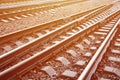 Photo fragment of the railroad tracks in the rainy weathe