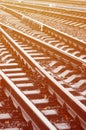 Photo fragment of the railroad tracks in the rainy weathe