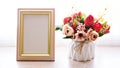 Photo frame with artificial flower pink rose on white background Royalty Free Stock Photo