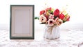 Photo frame with artificial flower pink rose on white background Royalty Free Stock Photo