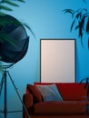 Photo frame with blank poster on red couch near blue walls and plant, 3d rendering. Living room modern interior.