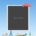Photo frame collage with cartoon background with Eiffel tower, zeppelin vector illustration
