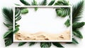 Photo frame, decorative leaves and sand on white background.