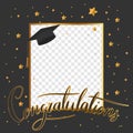 Photo frame for graduation with cap, stars and confetti. Congratulations graduates concept with black and gold lettering