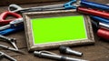 Photo frame, with green back over metallic tools Royalty Free Stock Photo