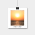 Photo frame hanging by binder clips with picture of blurred sunset over the sea. Memories of summer vector illustration. Template Royalty Free Stock Photo